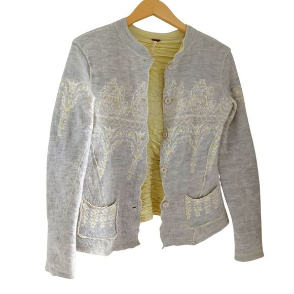 RARE Free People Wool/Cotton Fair Isle Button Sweater Grey Yellow S/M - Picture 2 of 11